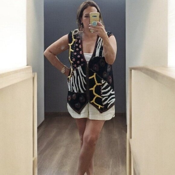 Vintage Embroidered Knit Vest Zip Up Animal Leopard Zebra - Picture 2 of 16